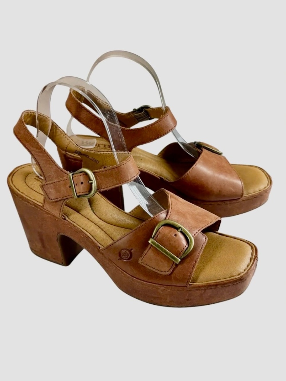 Born Lucca Brown Leather Platform Block Heel Sandals Size 10
